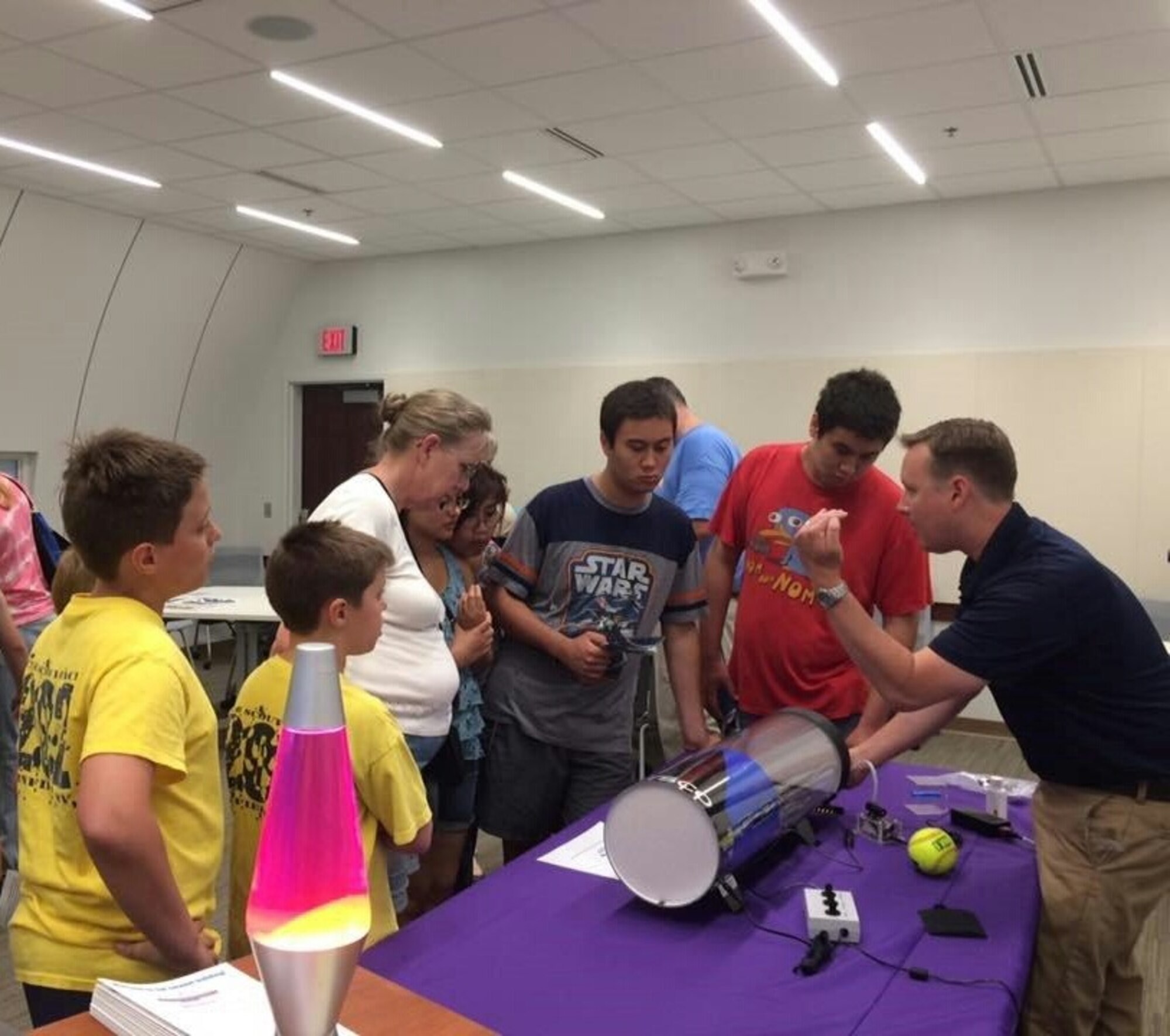 Jason Strieff, STARBASE Program Manager, explains the wind tunnel to students at the National Museum of the United States Air Force for the museum's fourth building grand opening. (Courtesy photo)
