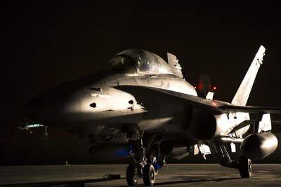 An F/A-18D Hornet assigned to Marine All-Weather Fighter Attack Squadron 533, Special Purpose Marine Air Ground Task Force - Crisis Response - Central Command 16.2, returns to an undisclosed location in Southwest Asia, June 8, 2016. VMFA(AW)-533 operates and conducts strikes as part of the Aviation Combat Element of SPMAGTF-CR-CC in support of Operation Inherent Resolve, the operation to eliminate the ISIL terrorist group and the threat they pose to Iraq, Syria, and the wider international community. (U.S. Marine Corps photo by Sgt. Donald Holbert/ Released)