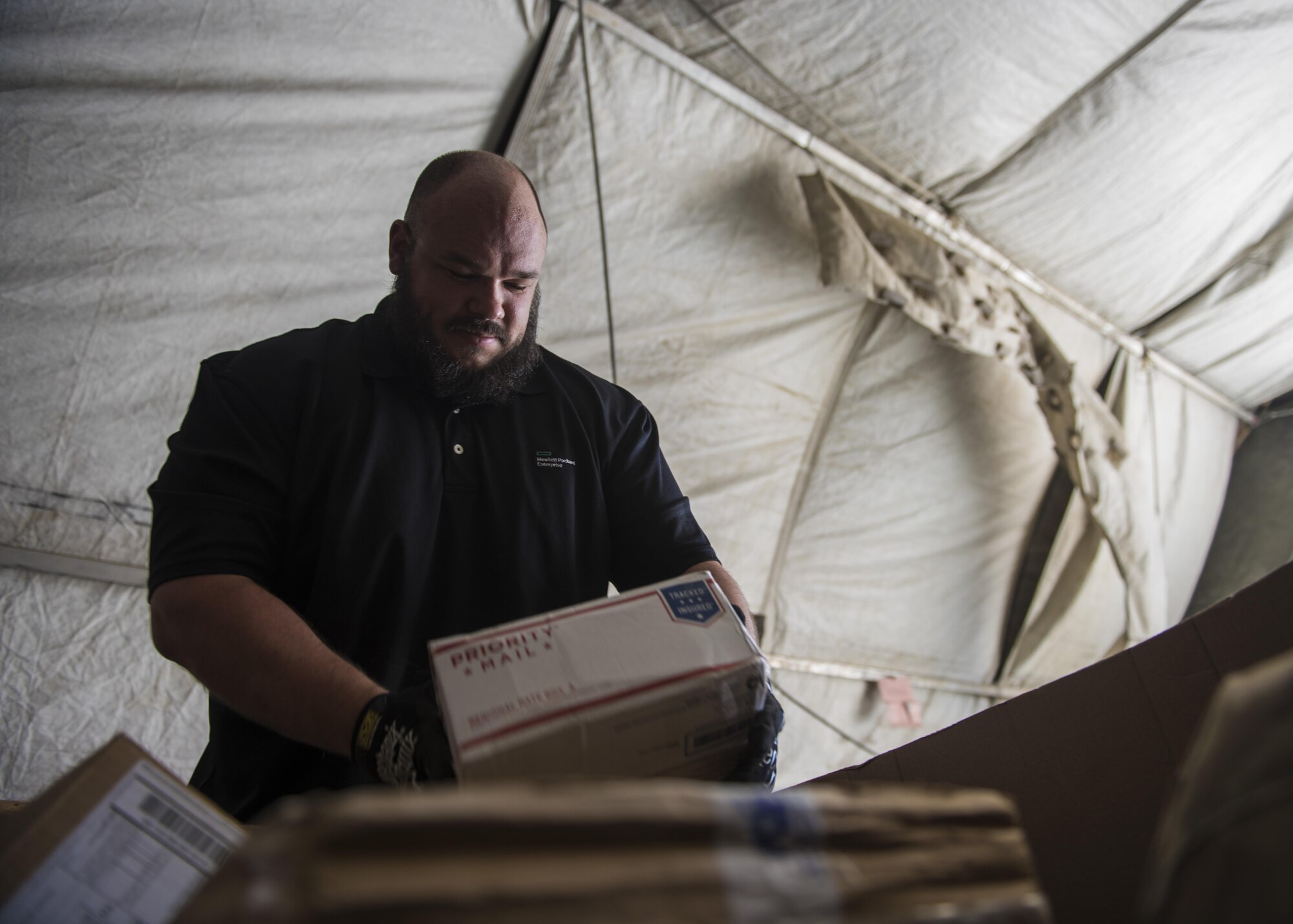 Mr. Shaun Cole, 455th Expeditionary Communications Squadron knowledge management craftsman, sorts mail, July 13, 2016, Bagram Airfield, Afghanistan. Members of the 455th ECS knowledge management flight help with the postal additional duty. The task includes receiving, organizing, and distributing mail to the organizations throughout the base. (U.S. Air Force photo by Senior Airman Justyn M. Freeman)