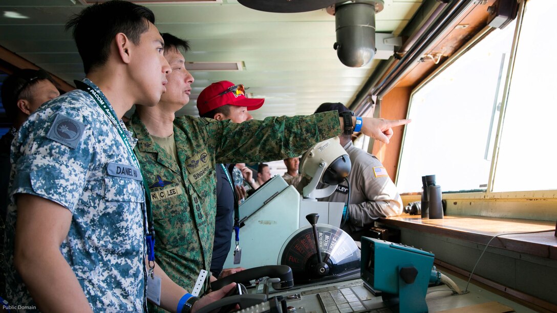 Foreign military leaders from Singapore participate in the USPACOM Amphibious Leaders Symposium at sea off the coast of U.S. Marine Corps Base Camp Pendleton, Calif., July 13, 2016. PALS brings together senior leaders of allied and partner nations from the Indo-Asia Pacific region to discuss key aspects of maritime/amphibious operations, capability development, crisis response, and interoperability. Twenty-two allied and partnered nations, including the U.S. are participating. 