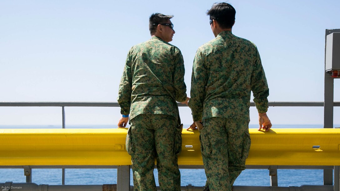 Foreign military leaders from Singapore watch a seabasing demonstration during the USPACOM Amphibious Leaders Symposium at sea off the coast of U.S. Marine Corps Base Camp Pendleton, Calif., July 13, 2016. PALS brings together senior leaders of allied and partner nations from the Indo-Asia Pacific region to discuss key aspects of maritime/amphibious operations, capability development, crisis response, and interoperability. Twenty-two allied and partnered nations, including the U.S. are participating. 