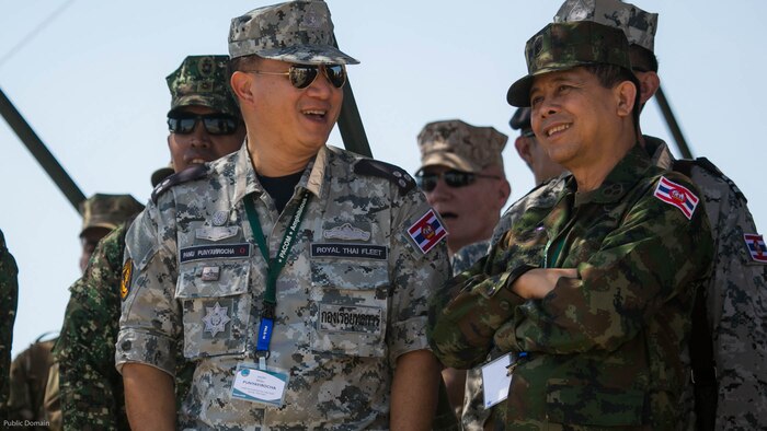Chief of Staff of the Royal Thai Fleet, Vice Admiral Panu Punyavirocha, left, speaks with Commandant of the Royal Thai Marine Corps, Vice Admiral Ratanah Vongsarojn, during the USPACOM Amphibious Leaders Symposium on U.S. Marine Corps Base Camp Pendleton, Calif., July 13, 2016. PALS brings together senior leaders of allied and partner nations from the Indo-Asia Pacific region to discuss key aspects of maritime/amphibious operations, capability development, crisis response, and interoperability. Twenty-two allied and partnered nations, including the U.S. are participating. 