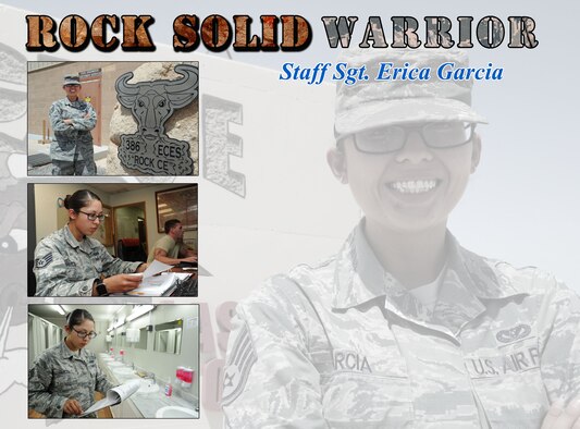 This week’s Rock Solid Warrior is Staff Sgt. Erica Garcia, a 386th Expeditionary Civil Engineer Squadron contract officer representative. Garcia is deployed from the 633rd Civil Engineer Squadron at Joint Base Langley-Eustis, Virginia.