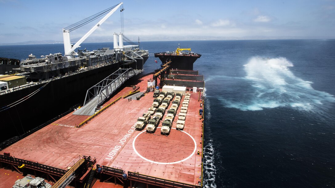 A Landing Craft Air Cushion departs from the USNS John Glenn  in preparation for the USPACOM Amphibious Leaders Symposium 2016 demonstration at sea, near Marine Corps Base Camp Pendleton, California, on July 13, 2016. PALS brings together senior leaders of allied and partner nations from the Indo-Asia Pacific region to discuss key aspects of maritime/amphibious operations, capability development, crisis response, and interoperability. Twenty-two countries, including the U.S., participated.