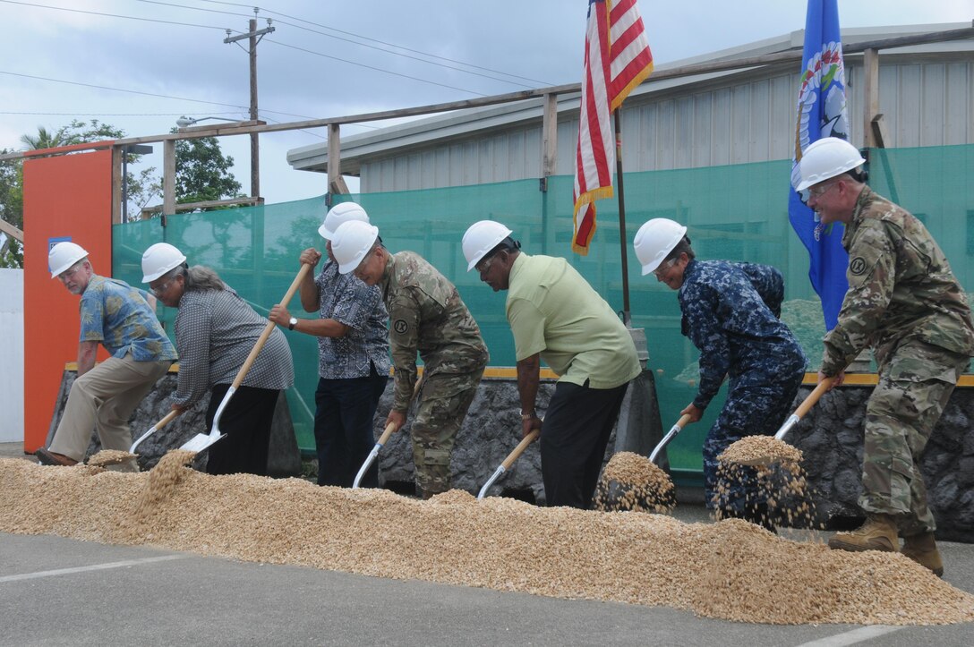 Brig. Gen. Stephen K. Curda, commander of the 9th Mission Support Command was in attendance of the  Saipan U.S. Army Reserve Center's groundbreaking ceremony, July 11, 2016. Along with the commander, in attendance was the Lt. Governor, Commonwealth of the Northern Mariana Islandes, the Honorable Victor Hocog, other state officials and management personnel from Aafes. The center will be undergoing a full revitalization to its complex, enhancing the capabilities of the center to include upgraded storm protection, security systems and upgrades to the air conditioning system. The attached Aafes Troop Store will also be receiving a facelift by upgrading the store by 3 times larger than the existing store in order to more effectively serve Soldiers, Families and Veterans. Project completion is scheduled for March 2017. 
(U.S. Army photo by Sgt. Jessica A. DuVernay)