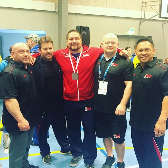 Brady Stewart, 375th CPTS Financial Analyst, bench presses a total of 738.5 lbs. on April 19, at The World Open Bench Press Championships in Rodby, Denmark. The best lifters around the globe gathered to compete head-to-head for the International Powerlifting Federation Gold medal. Stewart won the silver medal and broke the American record for the fifth consecutive time in a row. (courtesy photo) 