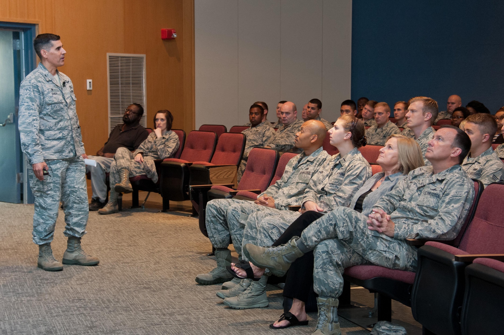 Col. Eric Shafa, 42nd Air Base Wing commander, speaks to Airmen during his first commander’s call on Maxwell Air Force Base, Ala., July 13, 2016. Shafa told Airmen to be professional, creative and innovative in their daily-simple tasks and to lead at whatever level you are at, regardless of your rank.  (U.S. Air Force photo/Melanie Cox)