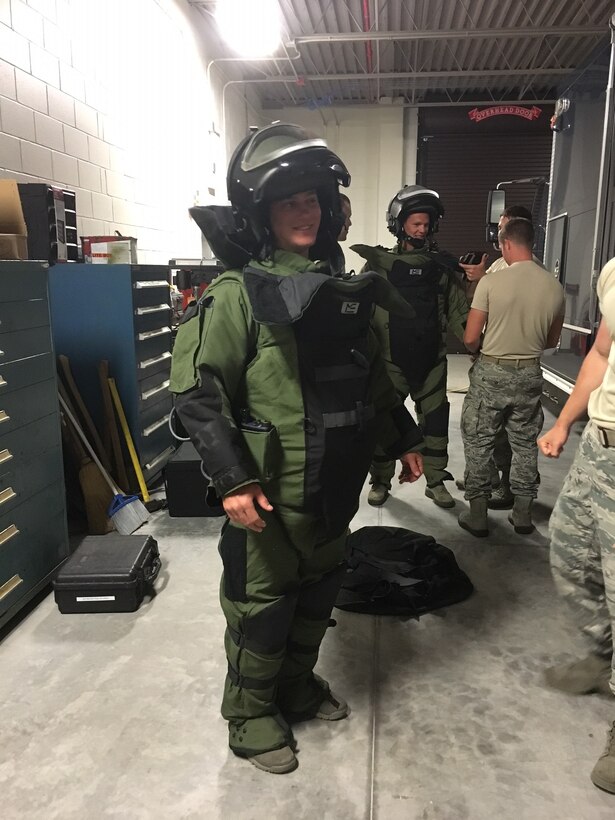 Cadet Casey Rothstein, left, and Cadet James Kniss, right, don bomb suits during their Explosive Ordnance Disposal immersion at Cape Canaveral Air Force Station, Fla., June 14, 2016.  The cadets received training on the disciplines and equipment employed by EOD technicians at home and in a deployed environment. (U.S. Air Force photo by 2nd Lt. Tyler Almquist)