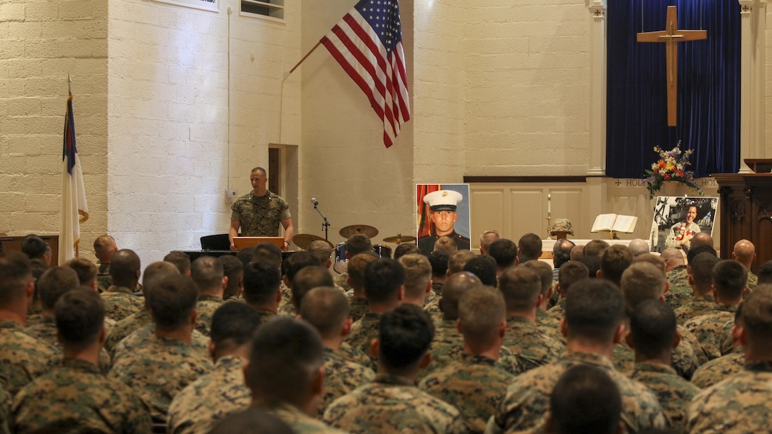 Marines with 2nd Battalion, 10th Marine Regiment, held a memorial ceremony for Staff Sgt. Louis F. Cardin at the Protestant Chapel at Marine Corps Base Camp Lejeune, North Carolina, July 14, 2016. Cardin was supporting Operation Inherent Resolve in Iraq when he was killed March 19 while serving as a member of Task Force Spartan.  Task Force Spartan was comprised of Marines from the 26th Marine Expeditionary Unit and was responsible for providing indirect fire support to Iraqi security forces near the town of Mosul.