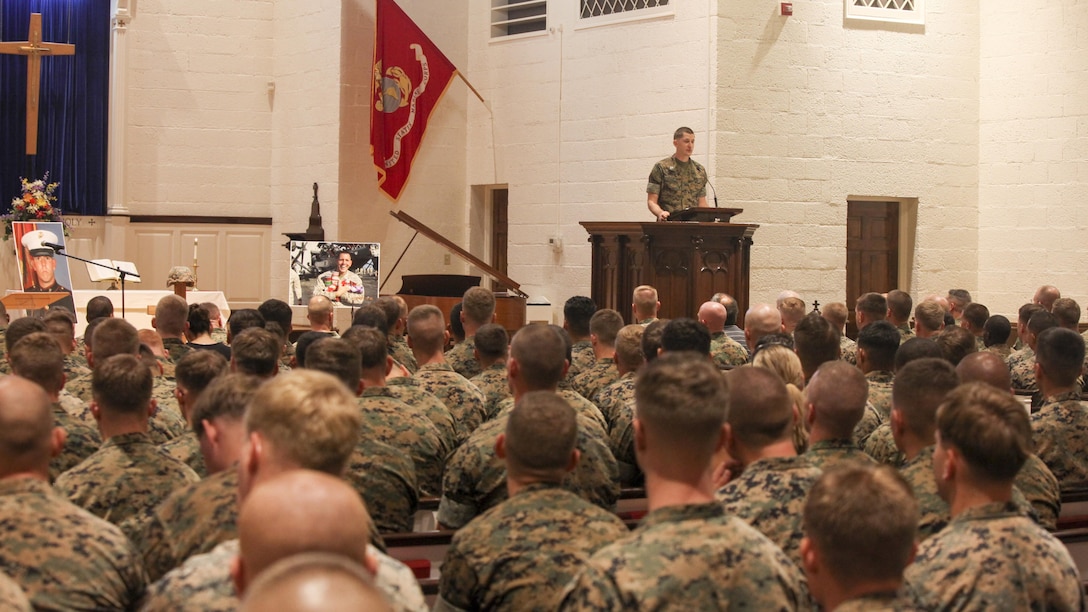 Marines with 2nd Battalion, 10th Marine Regiment, held a memorial ceremony for Staff Sgt. Louis F. Cardin at the Protestant Chapel at Marine Corps Base Camp Lejeune, North Carolina, July 14, 2016. Cardin was supporting Operation Inherent Resolve in Iraq when he was killed March 19 while serving as a member of Task Force Spartan.  Task Force Spartan was comprised of Marines from the 26th Marine Expeditionary Unit and was responsible for providing indirect fire support to Iraqi security forces near the town of Mosul.