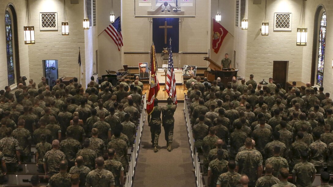 Marines with 2nd Battalion, 10th Marine Regiment, held a memorial ceremony for Staff Sgt. Louis F. Cardin at the Protestant Chapel at Marine Corps Base Camp Lejeune, North Carolina, July 14. Cardin was supporting Operation Inherent Resolve in Iraq when he was killed March 19 while serving as a member of Task Force Spartan.  Task Force Spartan was comprised of Marines from the 26th Marine Expeditionary Unit and was responsible for providing indirect fire support to Iraqi security forces near the town of Mosul.