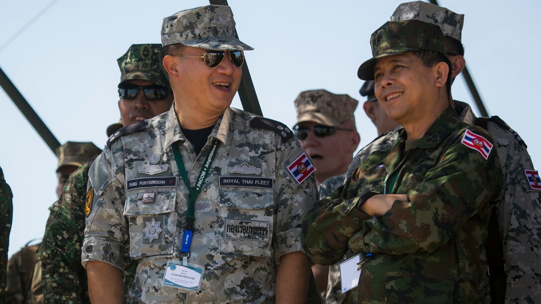 Chief of Staff of the Royal Thai Fleet, Vice Admiral Panu Punyavirocha, left, speaks with Commandant of the Royal Thai Marine Corps, Vice Admiral Ratanah Vongsarojn, during the USPACOM Amphibious Leaders Symposium on Marine Corps Base Camp Pendleton, Calif., July 13, 2016. PALS brings together senior leaders of allied and partner nations from the Indo-Asia Pacific region to discuss key aspects of maritime/amphibious operations, capability development, crisis response, and interoperability. Twenty-two allied and partnered nations, including the U.S. are participating.