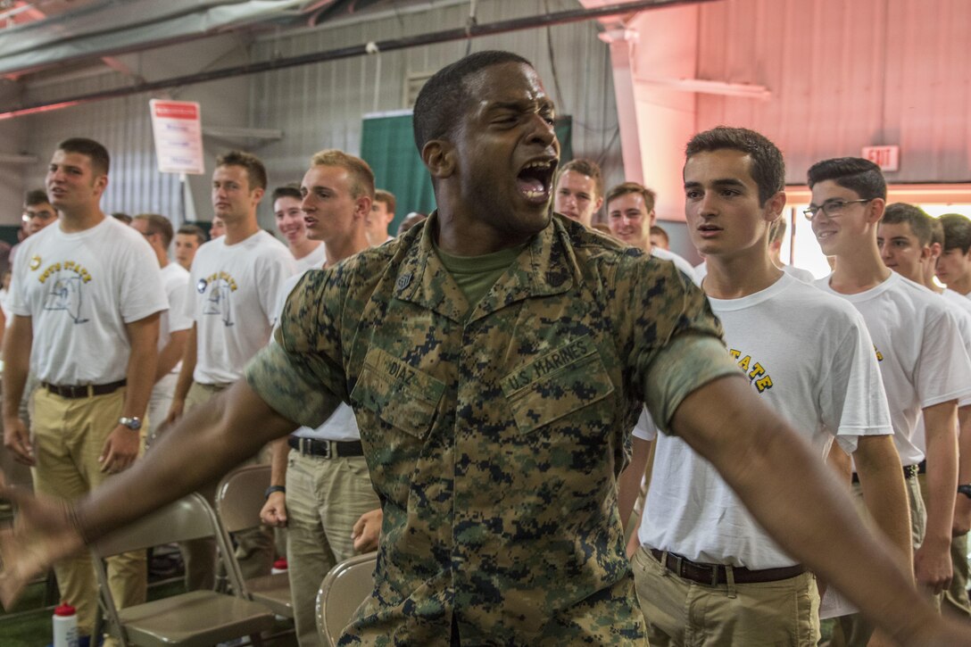 U.S. Marine Corps Staff Sgt. William Diaz, a recruiter with Recruiting Station Buffalo, N.Y., motivates his platoon as part of the American Legion New York Boys’ State at the Morrisville State University in Morrisville, N.Y., on Tuesday. June 28, 2016. Boys’ State brings together more than 1,100 selected high school seniors from across New York to learn and practice the democratic process. Ten Marines serve as mentors during the event, providing guidance and leadership to the young men during their daily activities. (U.S. Marine Corps photo by Sgt. James Marchetti/Released)