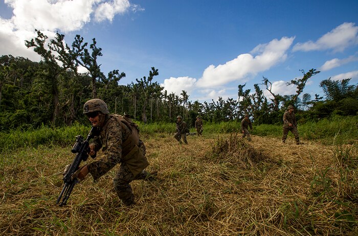 U.S. Marines with Task Force Koa Moana 16.2 and Soldiers from the Republic of Fiji Military Forces conduct integrated fire-team buddy rushes on Ovalau, Fiji, July 13, 2016. Fiji is part of Task Force Koa Moana’s deployment throughout the Asia-Pacific region, where Marines and Sailors will share engineering and infantry skills with the Republic of Fiji Military Forces to strengthen mil-to-mil relationships and interoperability. 