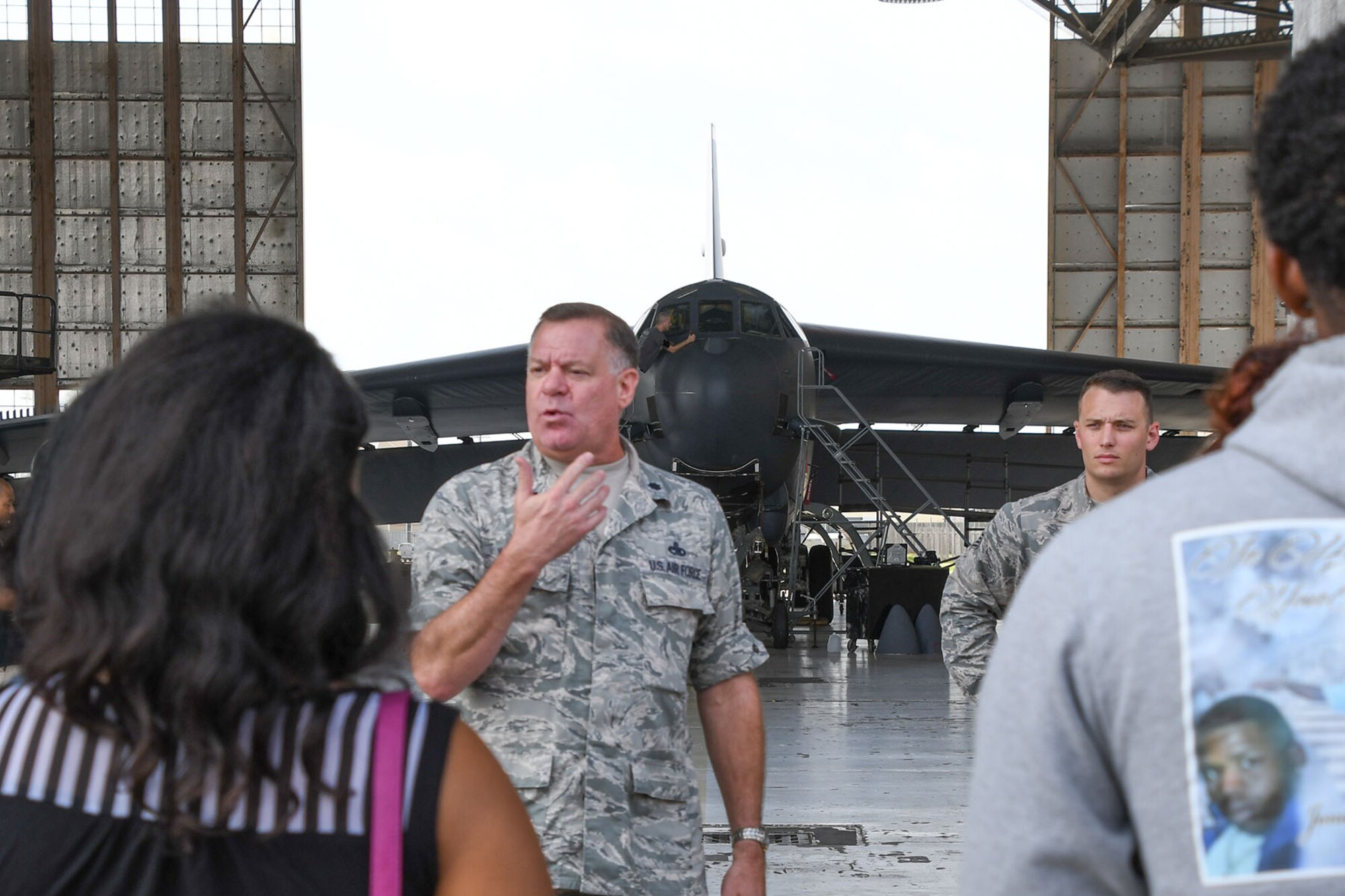 U.S. Air Force Lt. Col. Leo Kamphaus, the commander of the 307th Maintenance Group, welcomes local high school students to Barksdale Air Force Base, La. on July 12, 2016. The students are receiving a tour of the maintenance sections of the 307th Bomb Wing while attending the Aviation Maintenance Summer Camp offered by Southern University at Shreveport. (U.S. Air Force photo by Master Sgt. Dachelle Melville/Released)