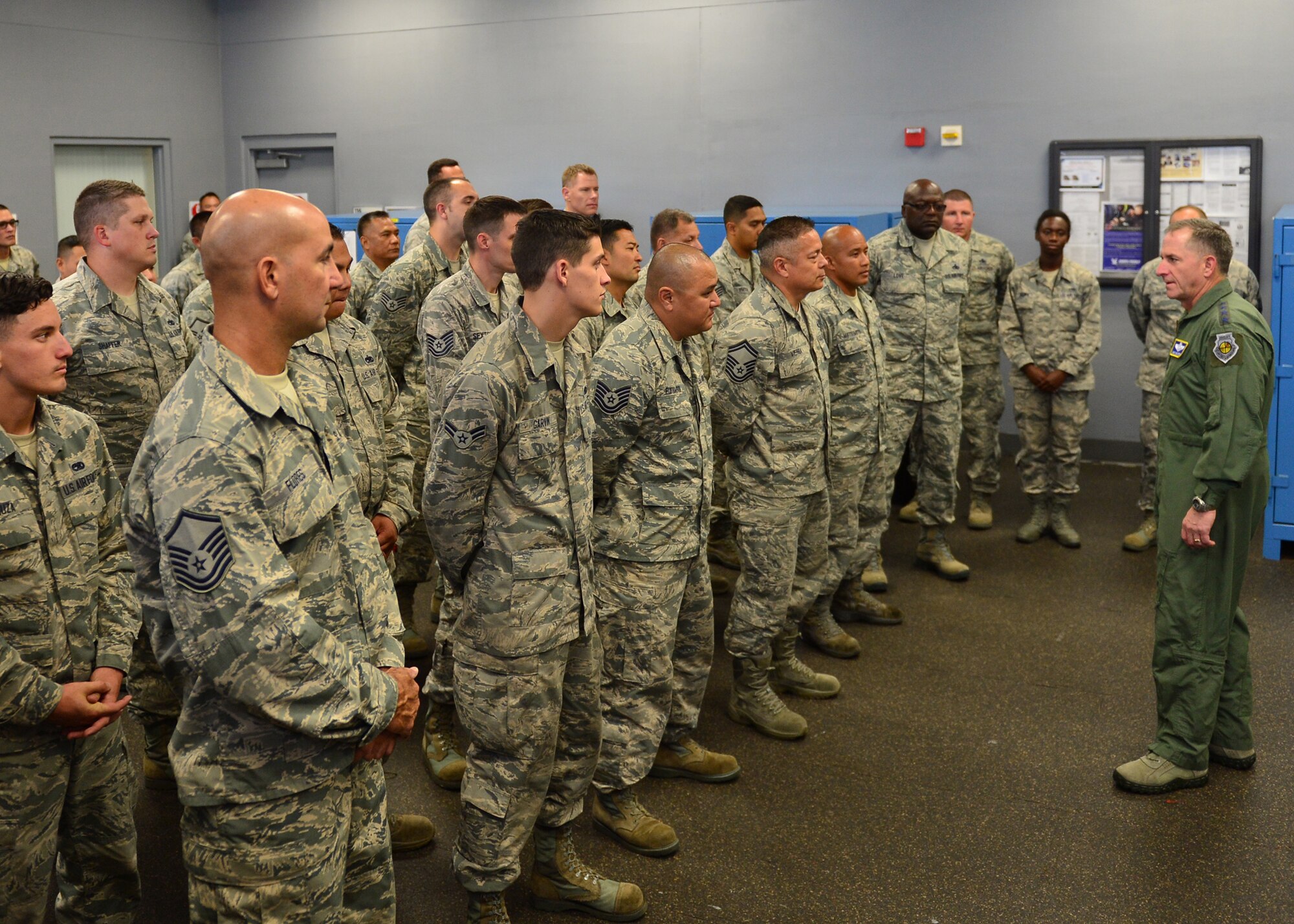 Gen. David L. Goldfein, Chief of Staff of the Air Force, speaks with Airmen from the 15th Maintenance Group and the Hawaii Air National Guard’s 154th Maintenance Group on Joint Base Pearl Harbor-Hickam, Hawaii, July 12, 2016. Earlier in the day, Goldfein officiated the Pacific Air Forces assumption-of-command ceremony designating Gen. Terrence J. O'Shaughnessy as the commander of PACAF. (U.S. Air Force photo by Tech. Sgt. Aaron Oelrich)  

