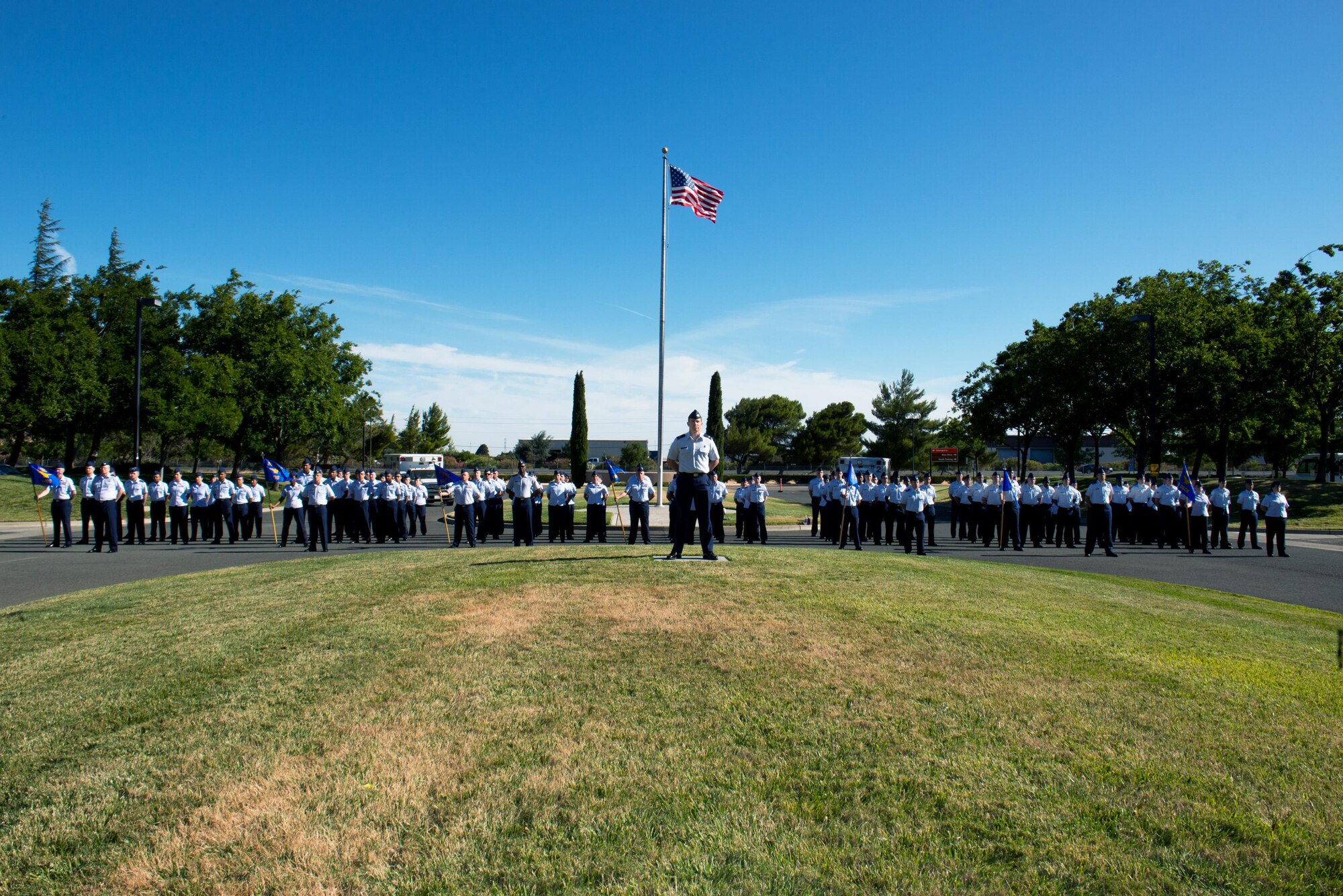 Col. Matthew Wonnacott, 60th Medical Group deputy commander, leads a formation of medical group Airmen during the 60th Medical Group's change-of-command ceremony at Travis Air Force Base, Calif., July 8, 2016. (U.S. Air Force photo by Louis Briscese/Released)