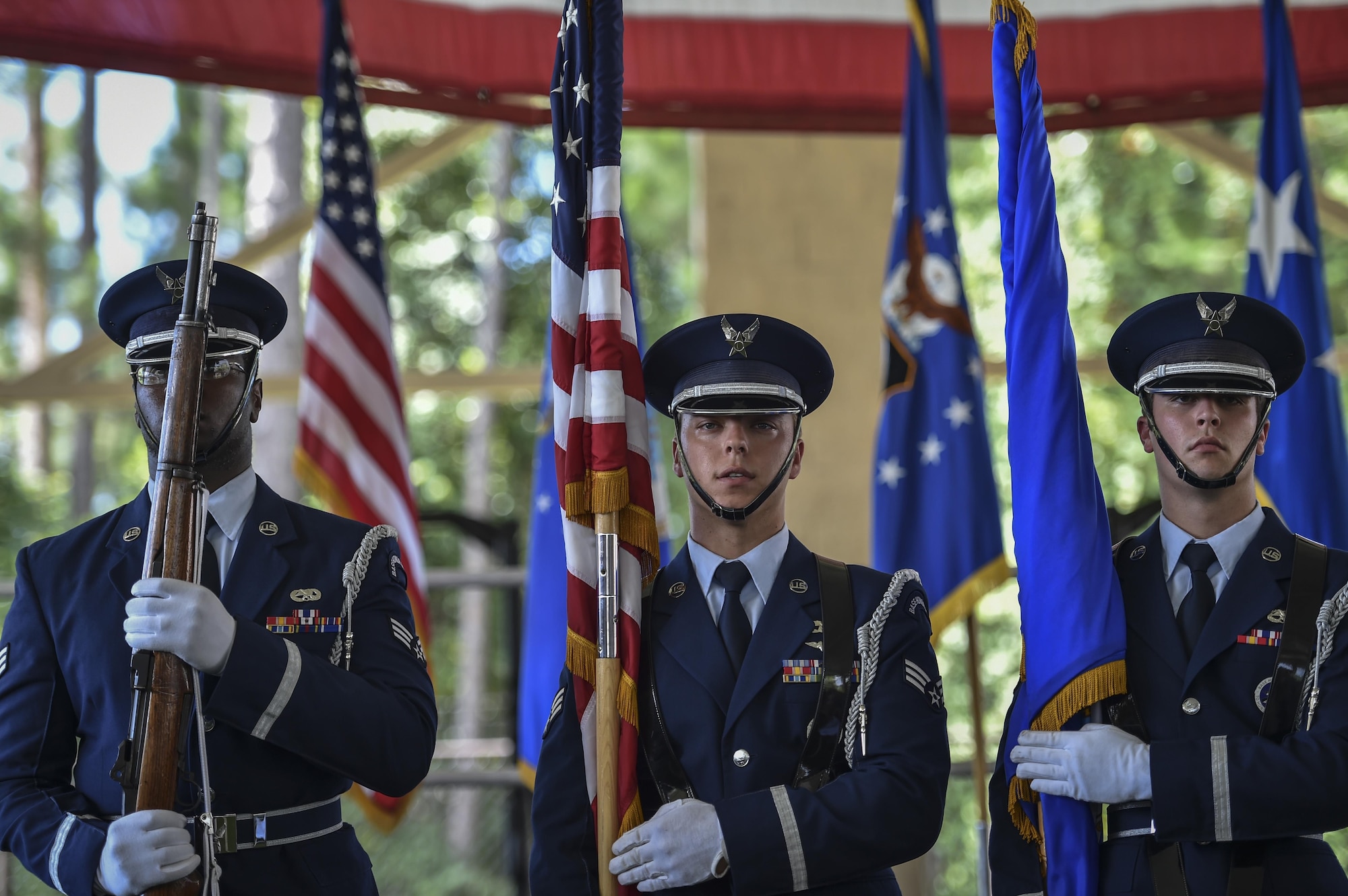 The Hurlburt Field Honor Guard present the colors during the 24th Special Operations Wing assumption of Command at Hurlburt Field, Fla., July 14, 2016. Col. Michael Martin is the third Airman to take command of the 24th SOW since its activation in 2012. (U.S. Air Force photo by Senior Airman Ryan Conroy) 