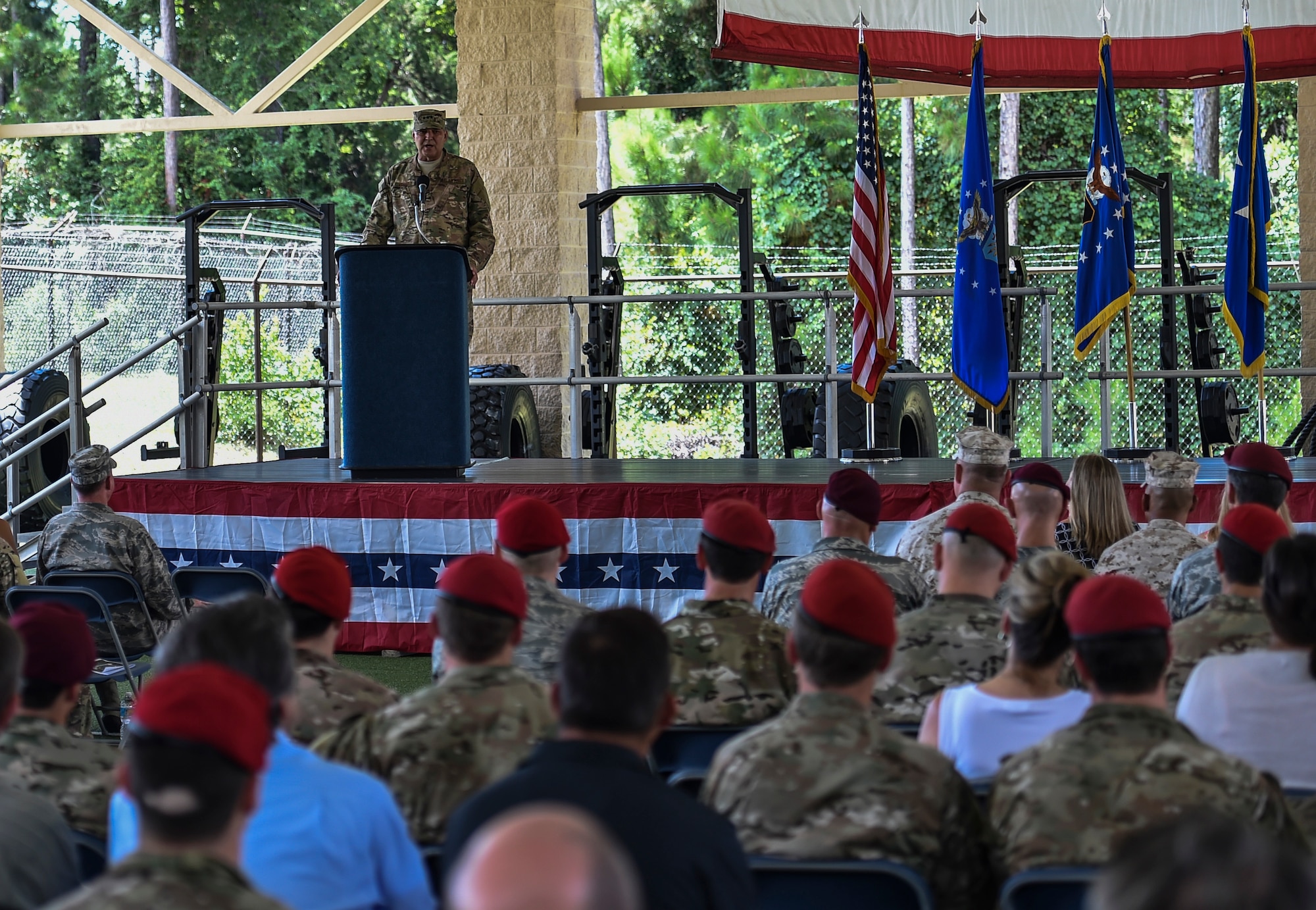 Lt. Gen. Brad Heithold, commander of the Air Force Special Operations Command, speaks during the 24th Special Operations Wing assumption of command at Hurlburt Field, Fla., July 14, 2016. Heithold presided over the assumption of command, where Col. Michael Martin took command of the sole Special Tactics wing in the Air Force. (U.S. Air Force photo by Senior Airman Ryan Conroy)