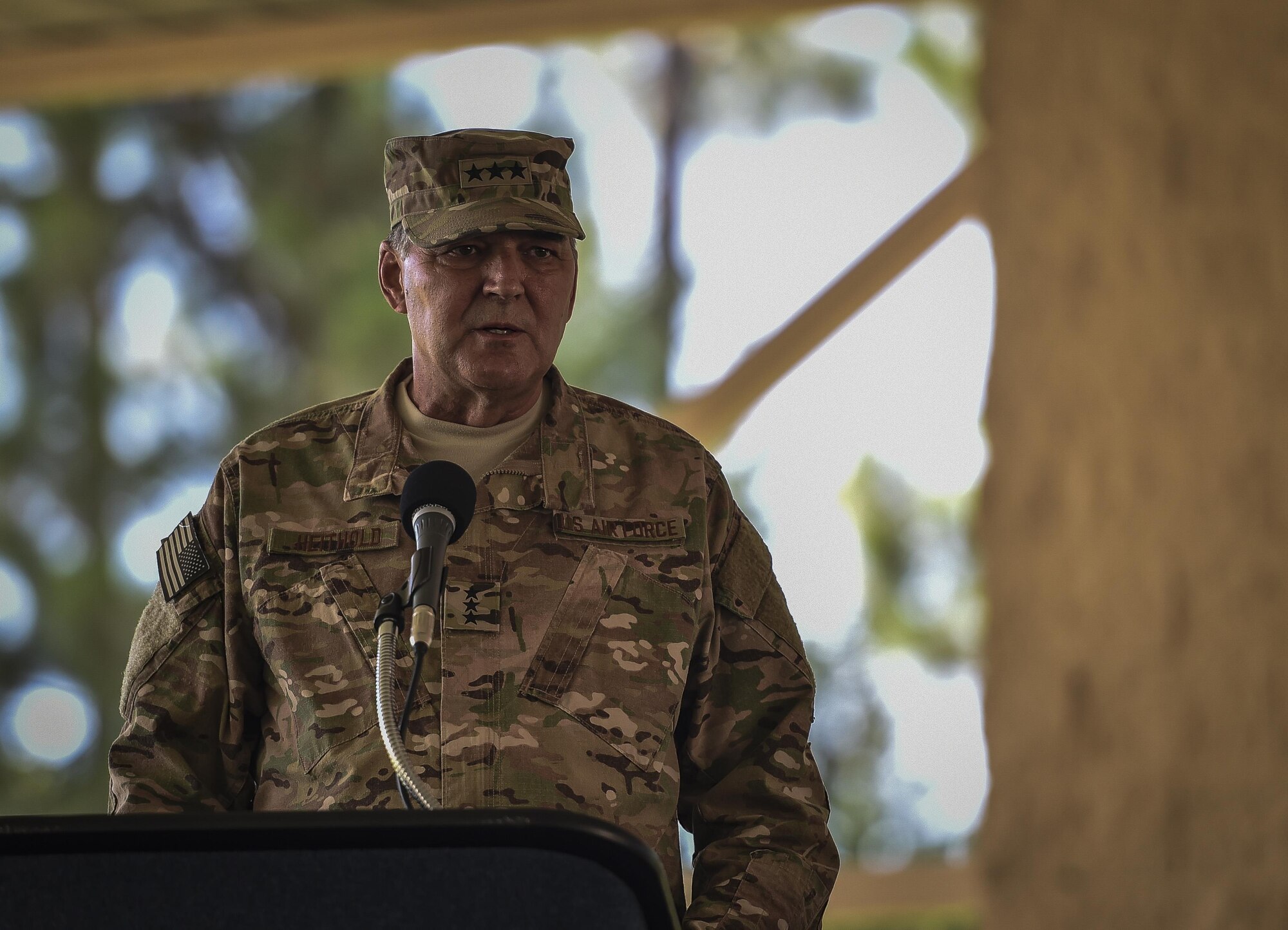 Lt. Gen. Brad Heithold, commander of Air Force Special Operations Command, speaks during the 24th Special Operations Wing assumption of command at Hurlburt Field, Fla., July 14, 2016. Heithold presided over the assumption of command, where Col. Michael Martin took command of the sole Special Tactics wing in the Air Force. (U.S. Air Force photo by Senior Airman Ryan Conroy)