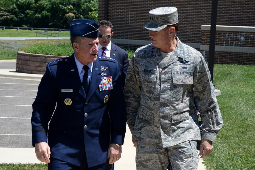 Air Force District of Washington Commander Maj. Gen. Darryl Burke greets Chief of Staff of the U.S. Air Force Gen. David Goldfein during the Senior Enlisted Leader International Summit (SELIS) on Joint Base Andrews, Md., July 14, 2016. The SELIS is a forum of international senior enlisted leaders hosted by Chief Master Sergeant of the Air Force James A. Cody. (U.S. Air Force photo/ Tech. Sgt. Matt Davis)
