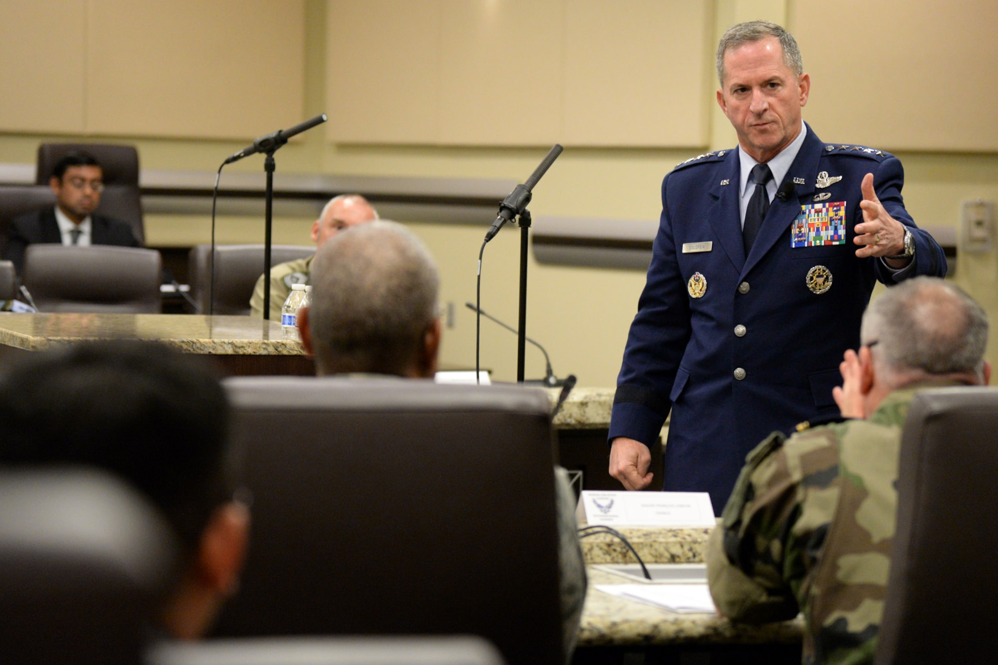 Chief of Staff of the U.S. Air Force Gen. David Goldfein briefs attendees on current operations during the Senior Enlisted Leader International Summit (SELIS) on Joint Base Andrews, Md., July 14, 2016. The SELIS is a forum of international senior enlisted leaders hosted by Chief Master Sergeant of the Air Force James A. Cody. (U.S. Air Force photo/ Tech. Sgt. Matt Davis)
