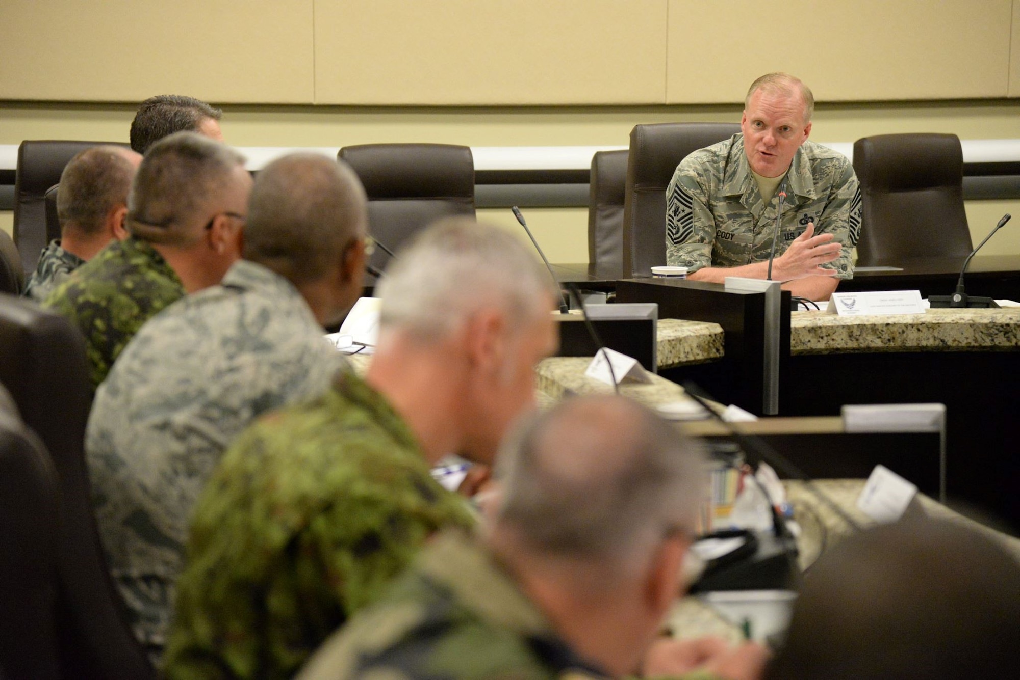 Chief Master Sergeant of the Air Force James A. Cody gives opening remarks with attendees at the Senior Enlisted Leader International Summit (SELIS) on Joint Base Andrews, Md., July 13, 2016. The SELIS is a forum of international senior enlisted leaders hosted by the CMSAF. (U.S. Air Force photo/ Tech. Sgt. Matt Davis)