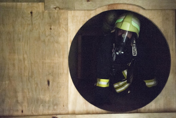 Lithuanian air force Maj. Tomas Zukauskas, firefighter, participates in a training exercise hosted by the 435th Construction and Training Squadron July 11, 2016, at Ramstein Air Base, Germany. The exercise allowed U.S. Airmen to oversee training events involving Lithuanian firefighters and coordinated with them to ensure that safety precautions and training capabilities were met.