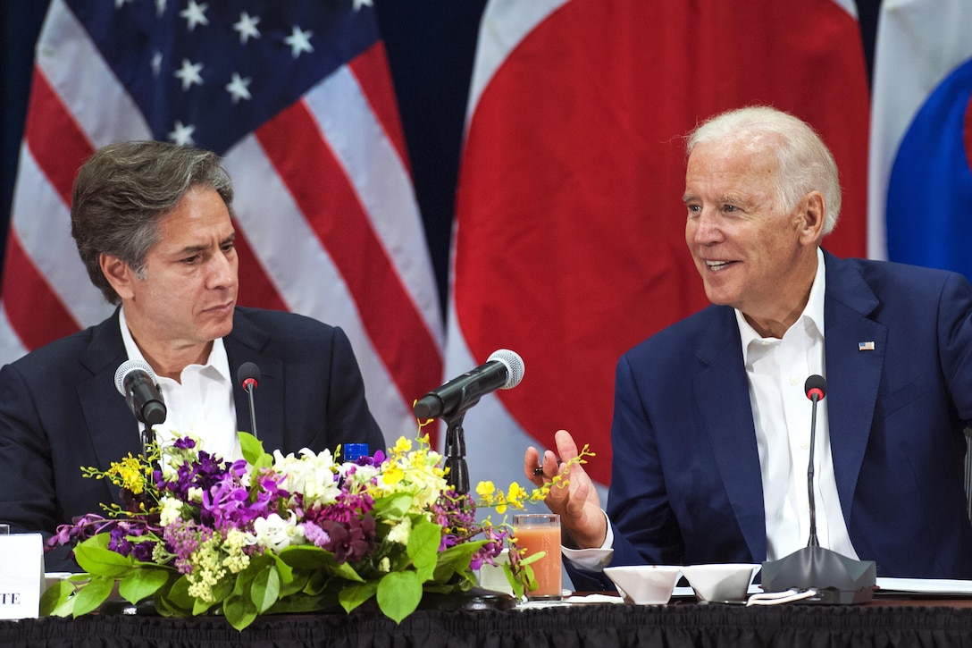 Vice President Joe Biden, right, talks to South Korean and Japanese leaders alongside Deputy Secretary of State Antony Blinken during trilateral talks at the Defense Department’s Daniel K. Inouye Asia-Pacific Center for Security Studies in Honolulu, July 14, 2016. Biden attended the talks before visiting sailors aboard the USS John C. Stennis in the Pacific Ocean. Air Force photo by Staff Sgt. Christopher Hubenthal