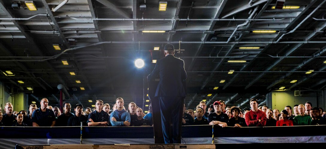 Vice President Joe Biden addresses sailors in the hangar bay of the USS John C. Stennis during the 2016 Rim of the Pacific exercise in the Pacific Ocean, July 14, 2016. Navy photo by Petty Officer 3rd Class Luke Moyer