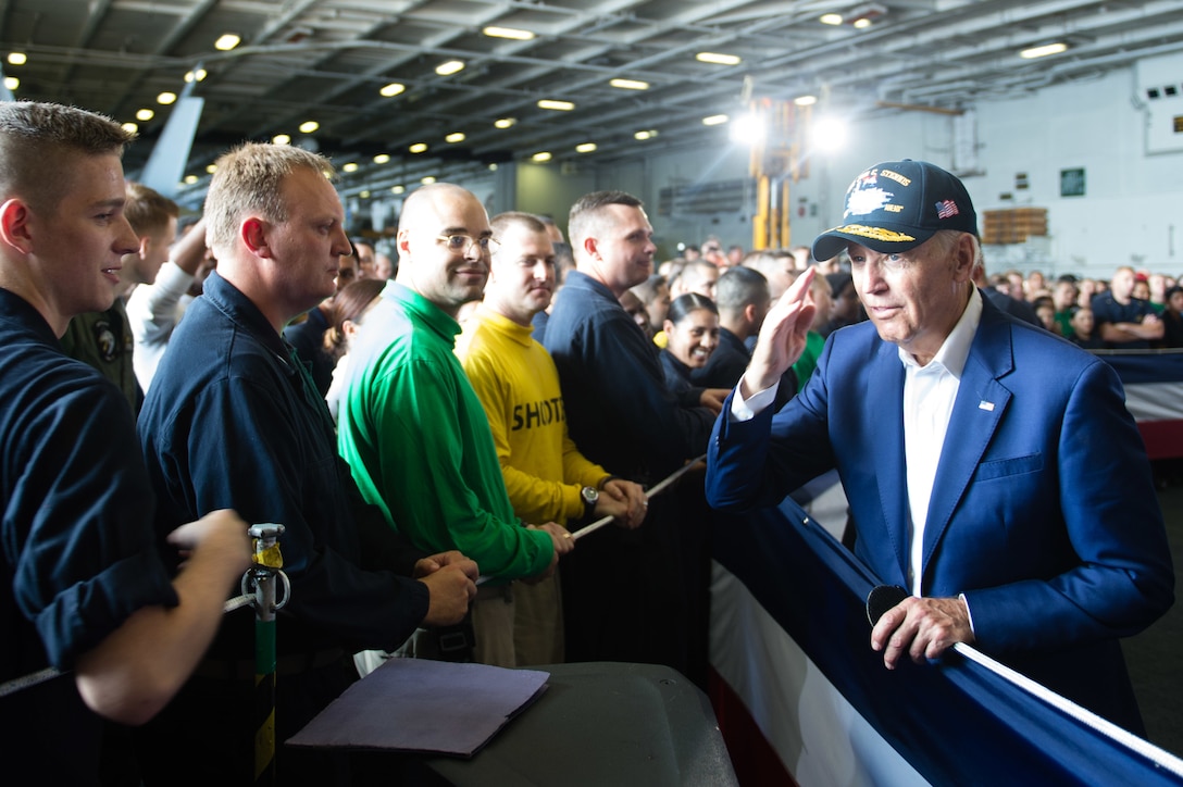 Vice President Joe Biden salutes sailors and thanks them for their service aboard the USS John C. Stennis during the 2016 Rim of the Pacific exercise in the Pacific Ocean, July 14, 2016. Navy photo by Petty Officer 3rd Class Andre T. Richard