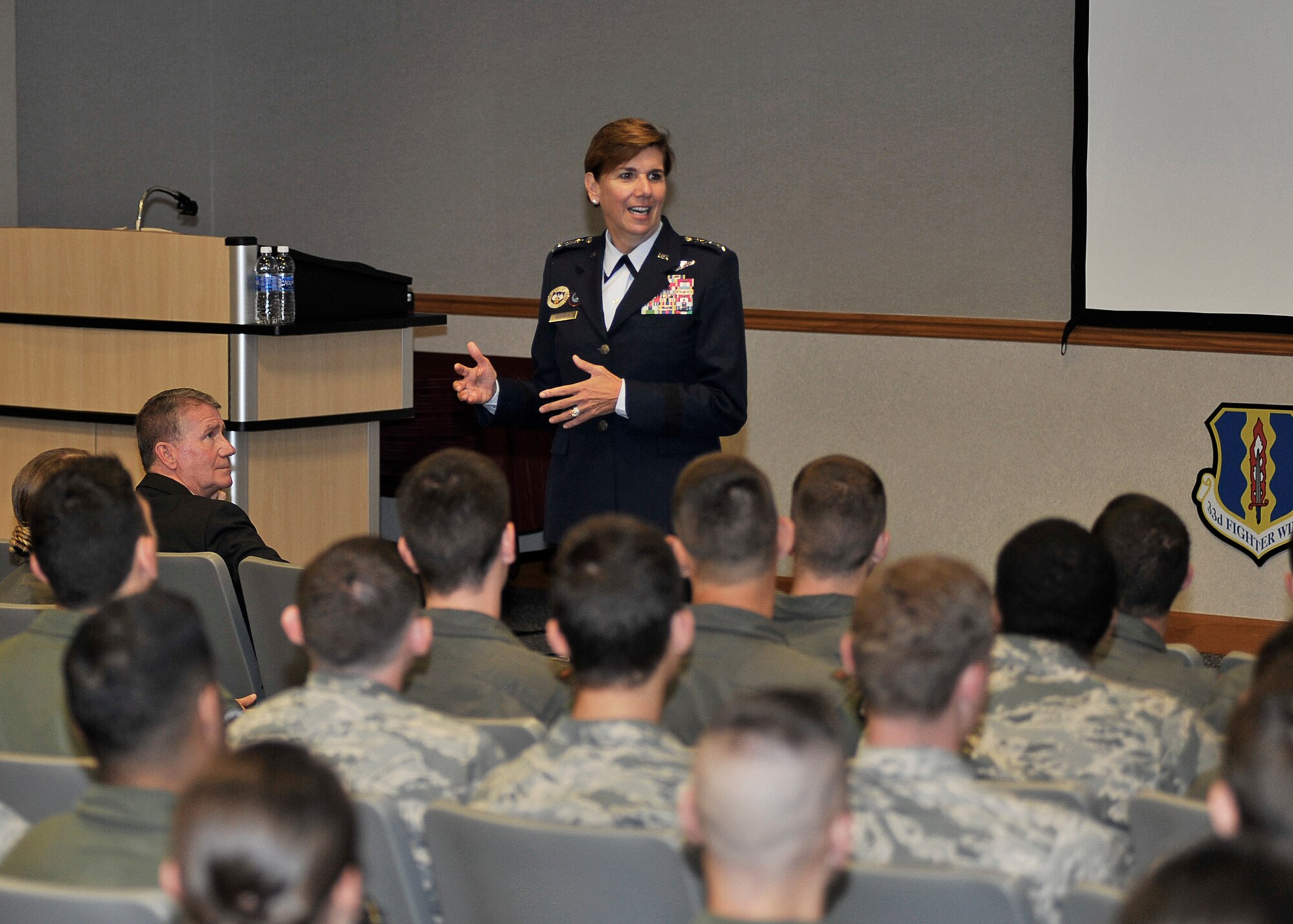 U.S. Air Force Gen. Lori J. Robinson, North American Aerospace Defense Command (NORAD) and United States Northern Command (USNORTHCOM) commander, speaks to Airmen of the 337th Air Control Squadron at Tyndall Air Force Base, Fla., July 6, 2016. Robinson spoke to Airmen about her time in the Air Force and the experiences she had as an air battle manager and commander. (U.S. Air Force photo by Senior Airman Sergio A. Gamboa/Released)