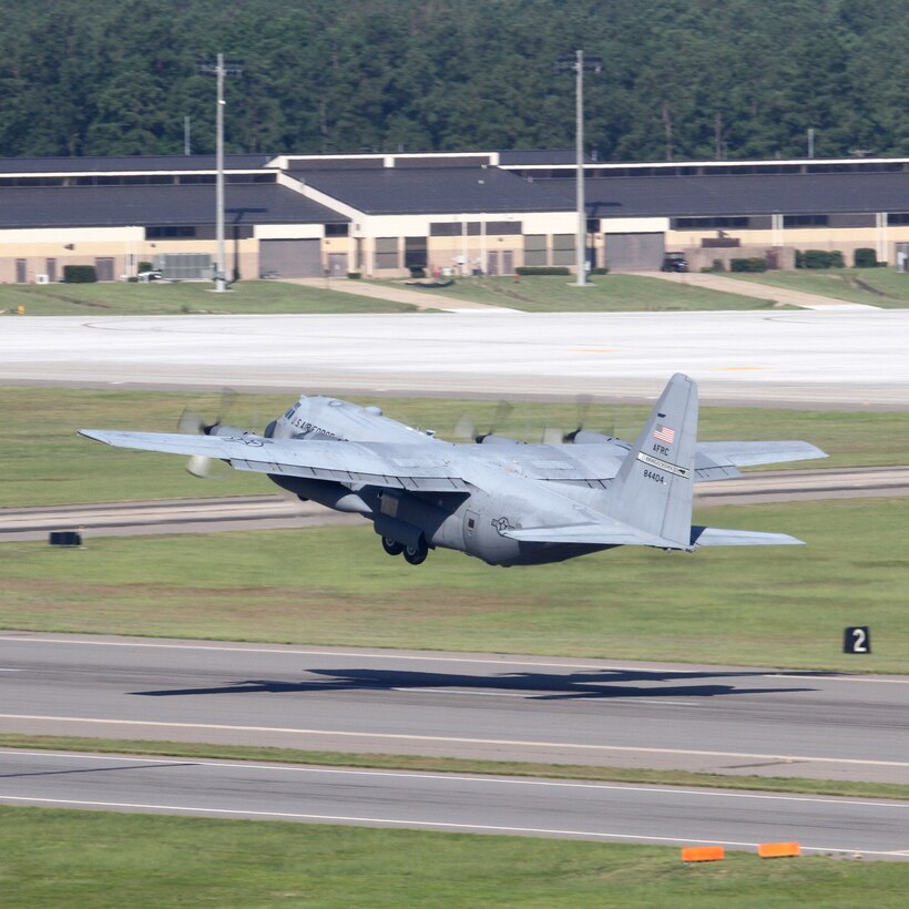 440th Airlift Wing C-130 aircraft number 4404 lifts off the runway at Pope Army Airfield, N.C., on its final flight June 29, 2016. The flyaway of the 440th's last aircraft was a major step toward the inactivation of the historic Air Force Reserve unit, and marks the first time since 1919 that Fort Bragg has not had any permanently collocated Air Force or Air Corps aircraft. (Courtesy photo)