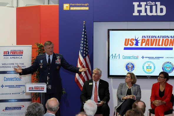 Gen. Frank Gorenc, the U.S. Air Forces in Europe and Air Forces Africa commander, speaks to attendees at an opening day ceremony for the Farnborough International Airshow in England July 11, 2016. Held every two years, the air show represents a unique opportunity for the U.S., along with other military allies, to showcase its leadership in aerospace technologies while supporting various armament procurement competitions taking place throughout Europe. (Courtesy photo/Chris Meyer)