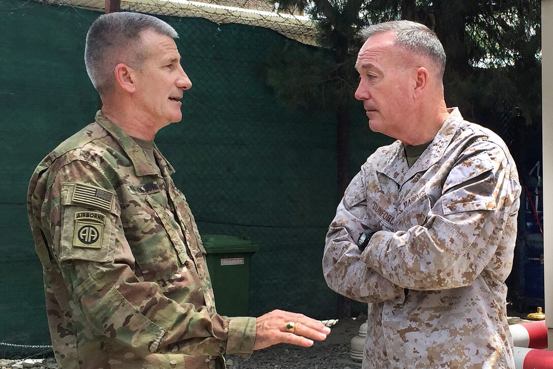 Marine Corps Gen. Joe Dunford, right, chairman of the Joint Chiefs of Staff, meets with Army Gen. John W. Nicholson Jr., commander of the Resolute Support mission and U.S. Forces Afghanistan, in Kabul, Afghanistan, July 15, 2016. DoD photo by Lisa Ferdinando