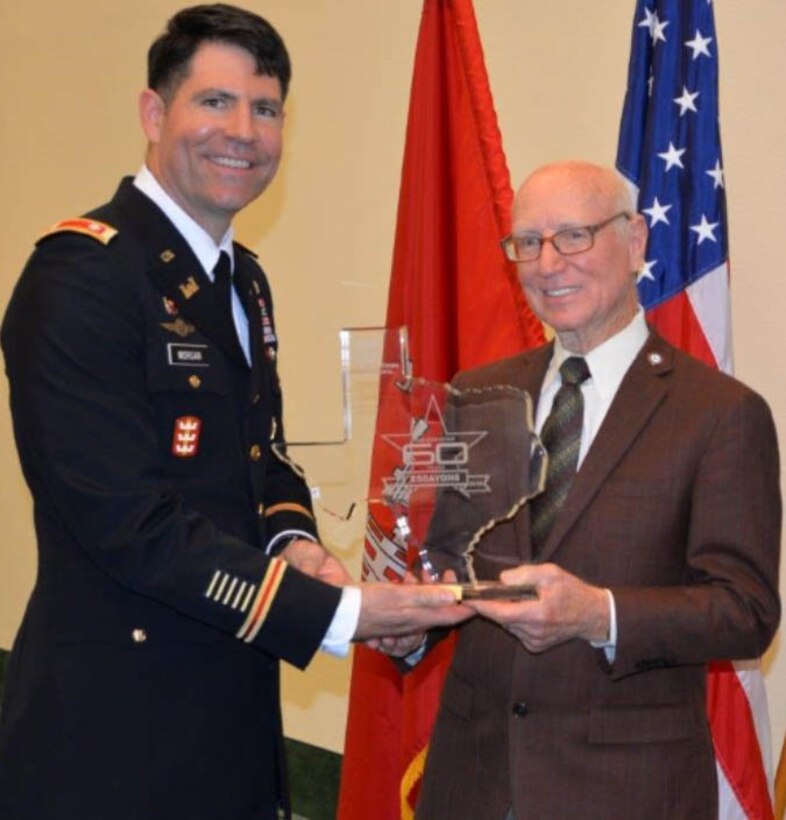 Lt. Col. Clay Morgan, deputy commander, Fort Worth District recognizes Jimmy Baggett, assistant chief, Engineering and Construction Division on 60 years of service with the U.S. Army Corps of Engineers.