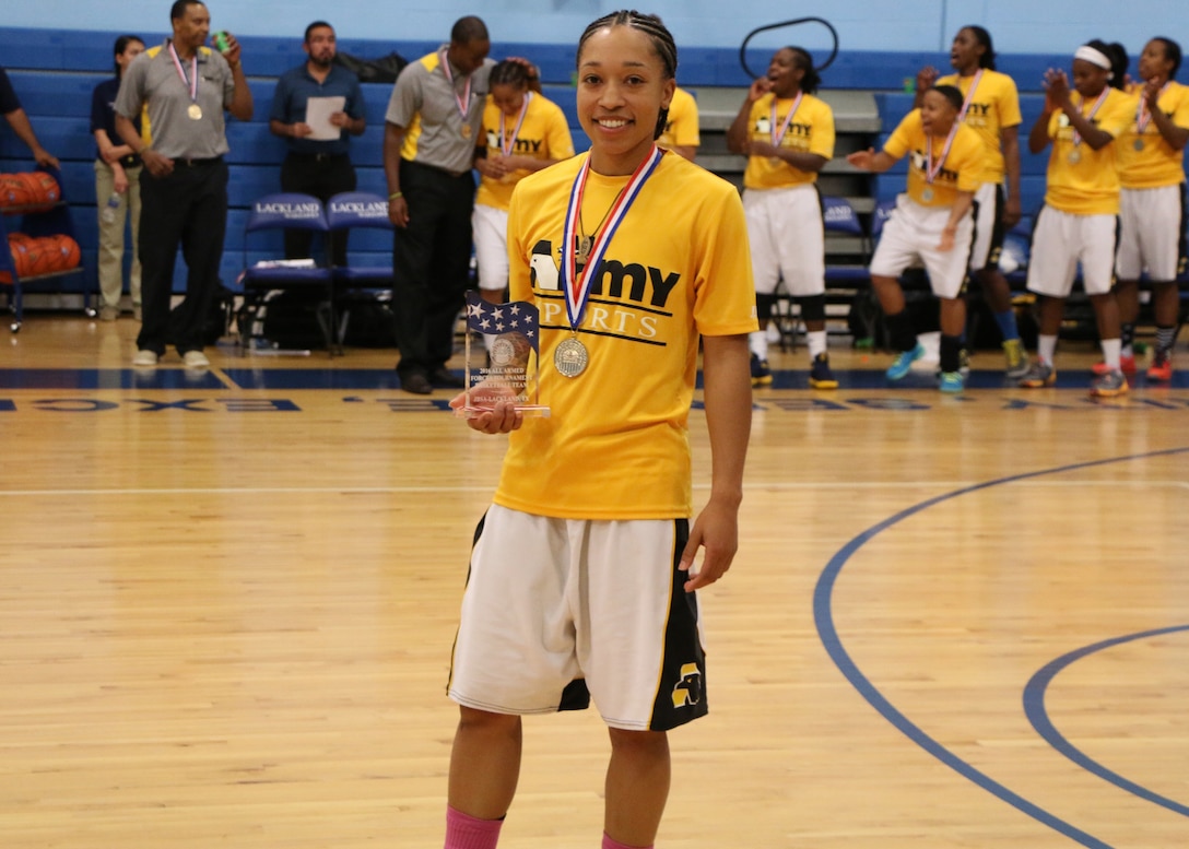 Army Spc. Vanessa Laminson of Fort Bliss, Texas earns All-Tournament Team honors as Army defeats Navy 67-65 during the championship game of the 2016 Armed Forces Women's Basketball Championship at Joint Base San Antonio-Lackland AFB, Texas on July 7th. Laminson would score the winning basket as time expired immediately after the ball left her hands. 