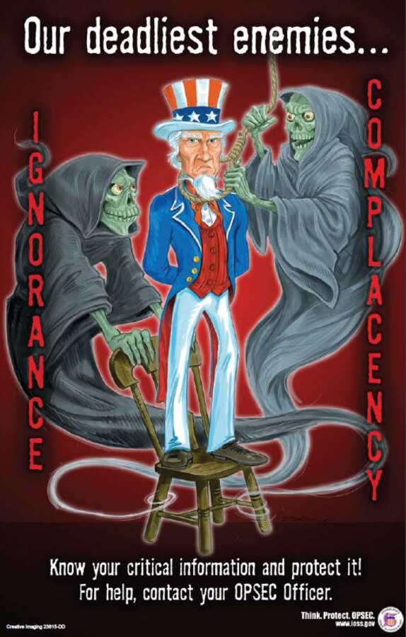 Standard OPSEC (operations security) poster distributed to offices and commands to remind troops/employees to remain mindful of information that could be revealed to adversaries.