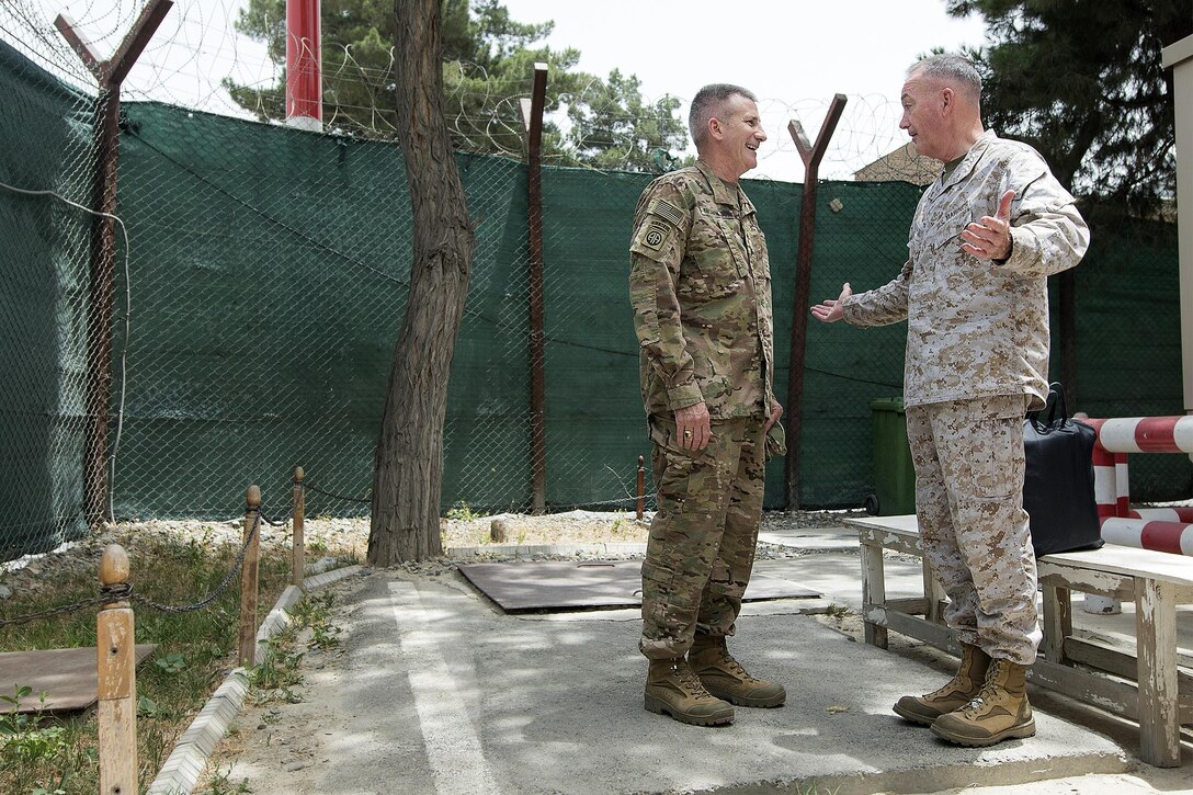 Marine Corps Gen. Joe Dunford, right, chairman of the Joint Chiefs of Staff, meets with Army Gen. John W. Nicholson Jr., commander of the Resolute Support mission and U.S. Forces Afghanistan, in Kabul, Afghanistan, July 15, 2016. DoD photo by Navy Petty Officer 2nd Class Dominique A. Pineiro