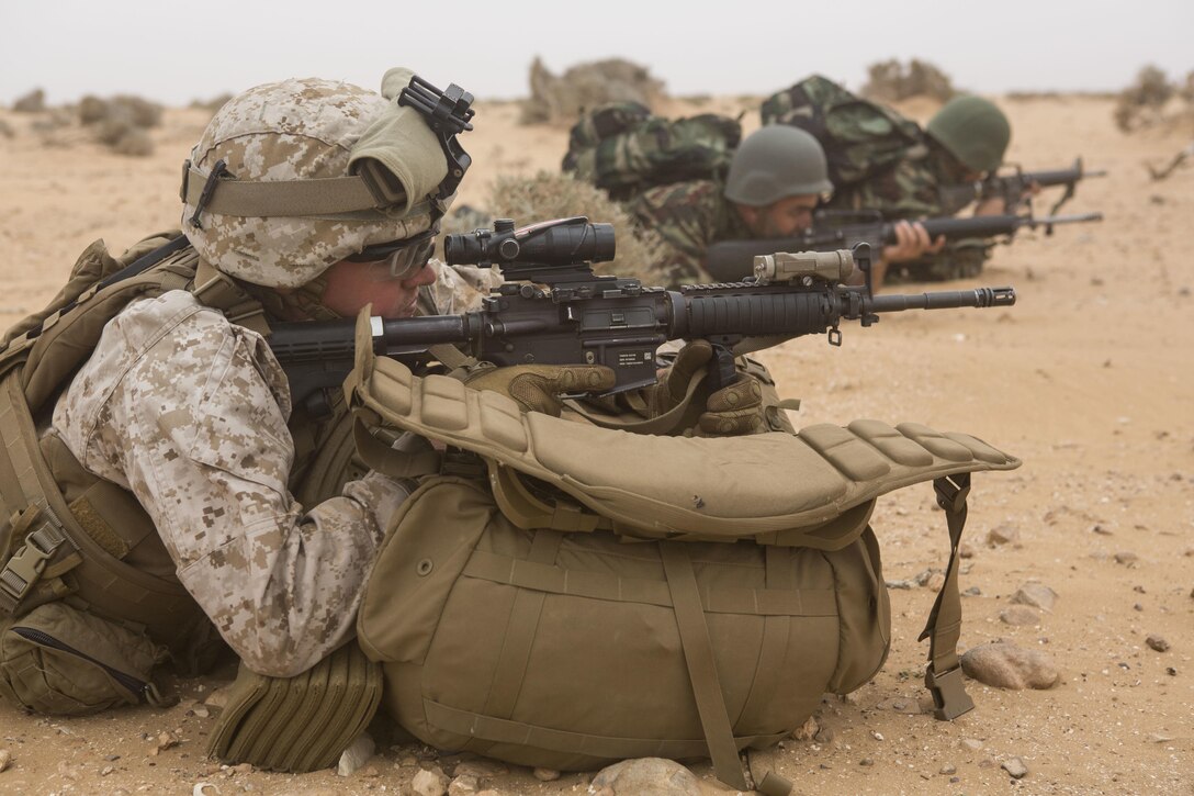 U.S. Marines assigned to Battalion Landing Team, 1st Battalion, 6th Marine Regiment, 22nd Marine Expeditionary Unit (MEU), and Moroccan forces participate in exercise African Sea Lion July 12, 2016. 22nd MEU, deployed with the Wasp Amphibious Ready Group, is conducting naval operations in the 6th Fleet area of operations in support of U.S. national security interests in Europe and Africa. 