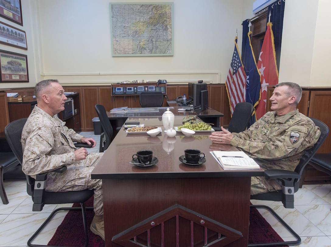 Marine Corps Gen. Joe Dunford, left, chairman of the Joint Chiefs of Staff, meets with Army Gen. John W. Nicholson Jr., commander of the Resolute Support mission and U.S. Forces Afghanistan, in Kabul, Afghanistan, July 15, 2016. DoD photo by Navy Petty Officer 2nd Class Dominique A. Pineiro