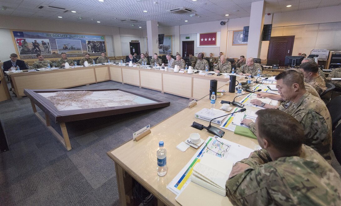 Marine Corps Gen. Joe Dunford, center left, chairman of the Joint Chiefs of Staff, meets with Army Gen. John W. Nicholson Jr., commander of the Resolute Support mission and U.S. Forces Afghanistan, and his staff in Kabul, Afghanistan, July 15, 2016. DoD photo by Navy Petty Officer 2nd Class Dominique A. Pineiro