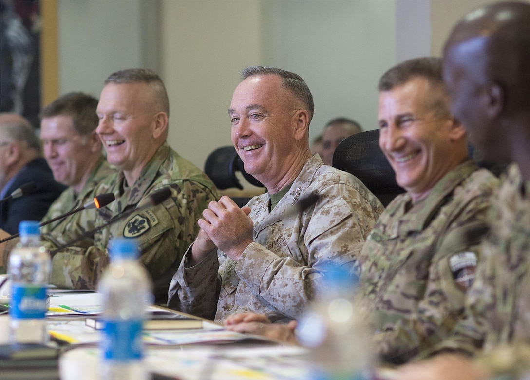Marine Corps Gen. Joe Dunford, center, chairman of the Joint Chiefs of Staff, meets with Army Gen. John W. Nicholson Jr., commander of the Resolute Support mission and U.S. Forces Afghanistan, and his staff in Kabul, Afghanistan, July 15, 2016. DoD photo by Navy Petty Officer 2nd Class Dominique A. Pineiro