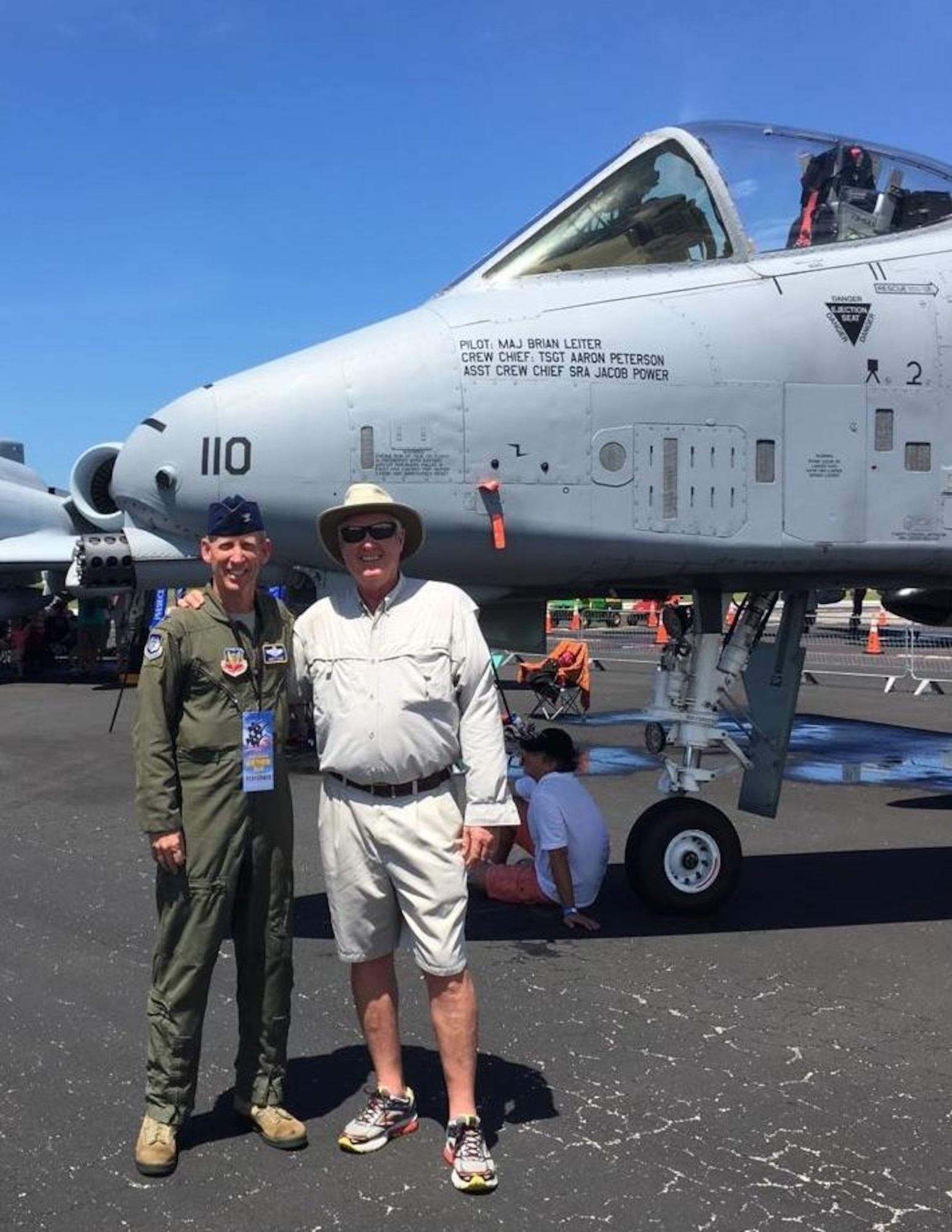Col. Scott Caine, 9th Air Force vice commander, and his friend George Simon stand next to an A-10 Thunderbolt II at the Vero Beach Air Show, June 25, 2016. Caine, who calls Vero Beach home, had the opportunity to tell community members about the Air Force and thank them for their support. (Courtesy photo)