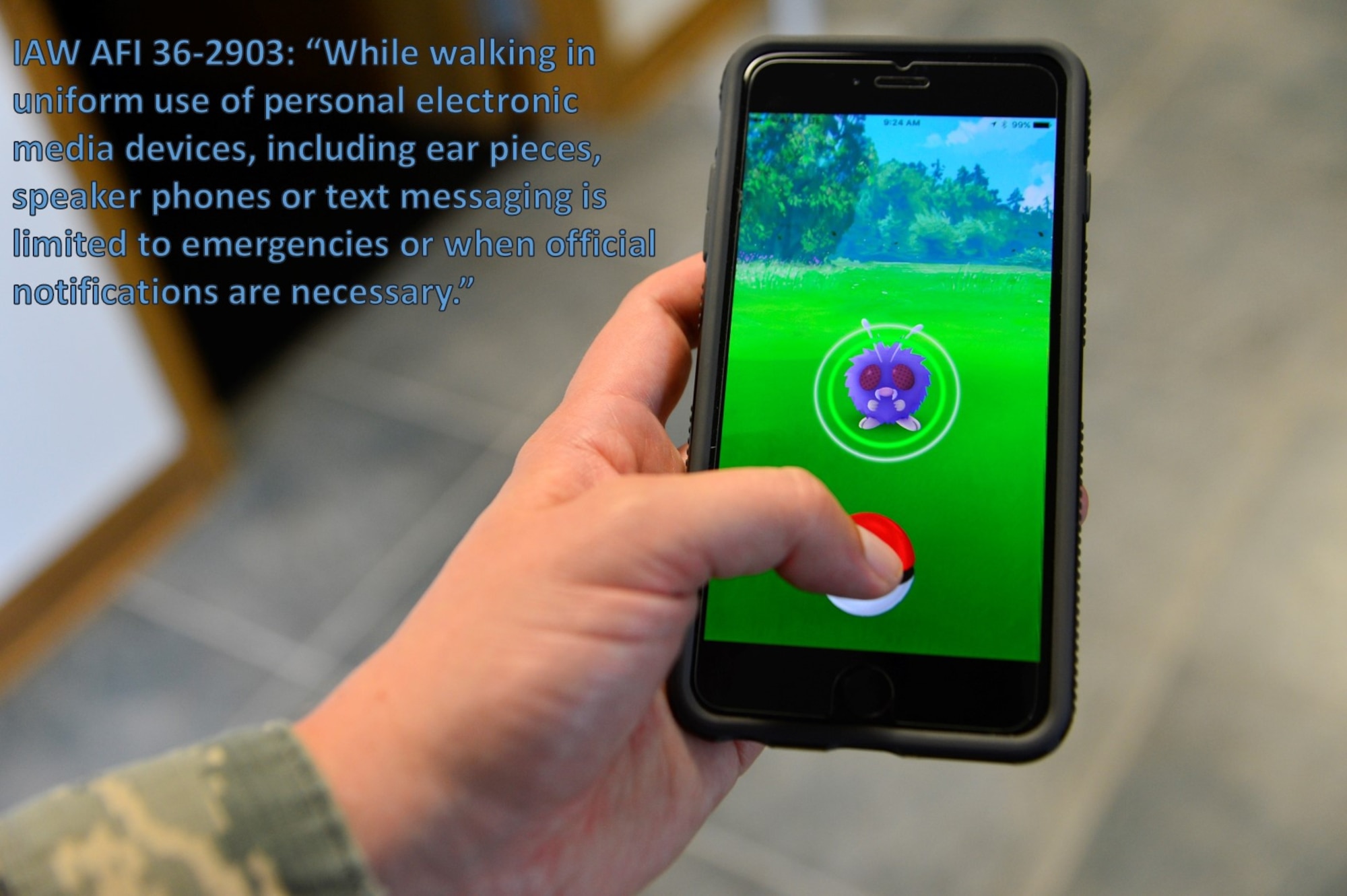 Airmen must abide by AFI 36-2903 when playing Pokemon Go in uniform. (U.S. Air Force graphic/Senior Airman William Johnson)