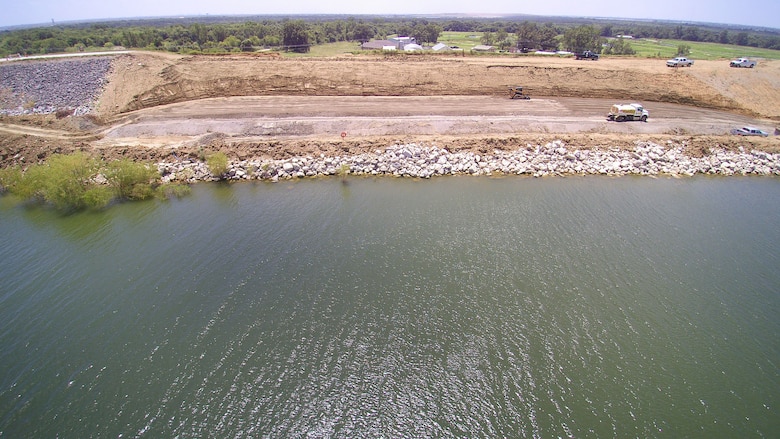 The Lewisville Lake Dam 161-foot Embankment slide repairs are well underway, placement of bedding and riprap on the access ramp continues. Estimated completion date is mid-August 2016.