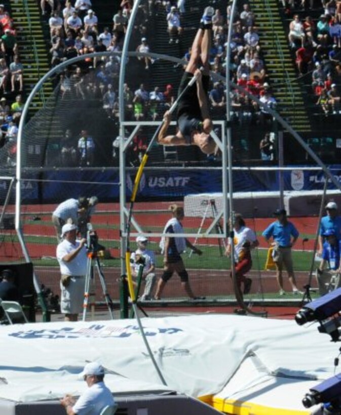 Army 2nd Lt. Sam Kendricks competes in the preliminary round of the men's pole vault on July 2, 2016, at the U.S. Olympic track and field trials in Eugene, Oregon. He placed in the prelims and went on to secure a spot on the U.S. Olympic team during the finals. (Photo Credit: David Vergun)