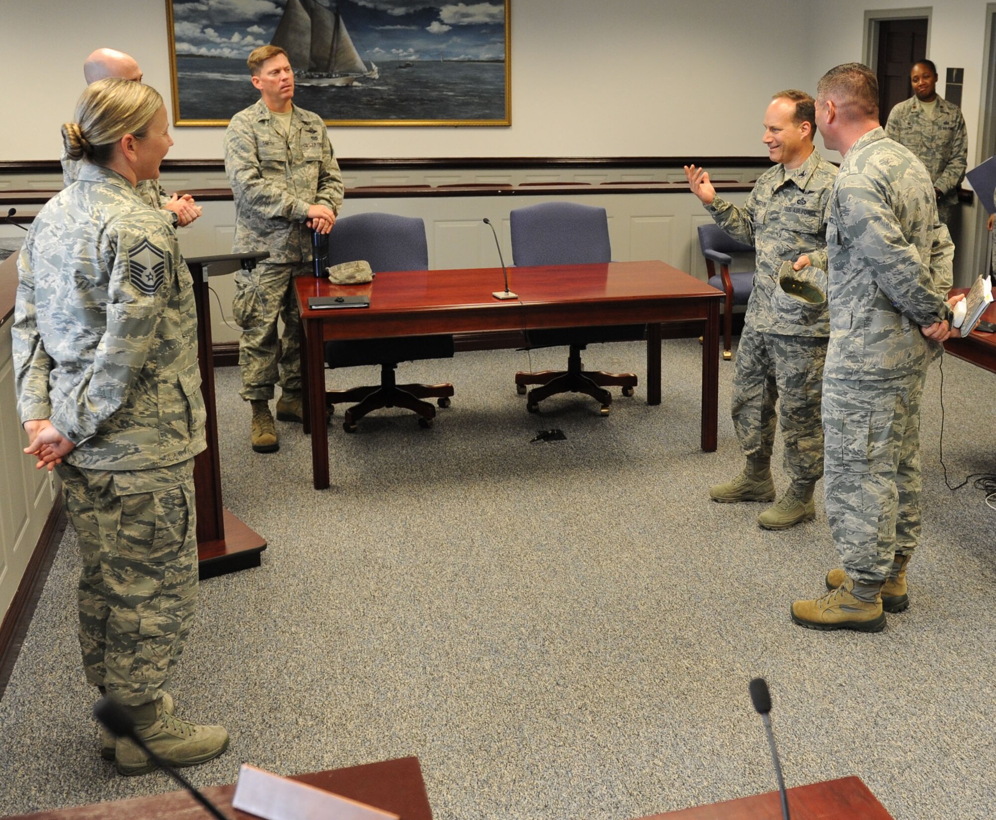 Col. Todd Weyerstrass, 2nd Air Force vice commander, receives a tour of the legal office at the Sablich Center during an 81st Training Wing orientation tour July 12, 2016, on Keesler Air Force Base, Miss. The purpose of the tour was to become familiar with the wing’s mission, operations and personnel. (U.S. Air Force photo by Kemberly Groue/Released)