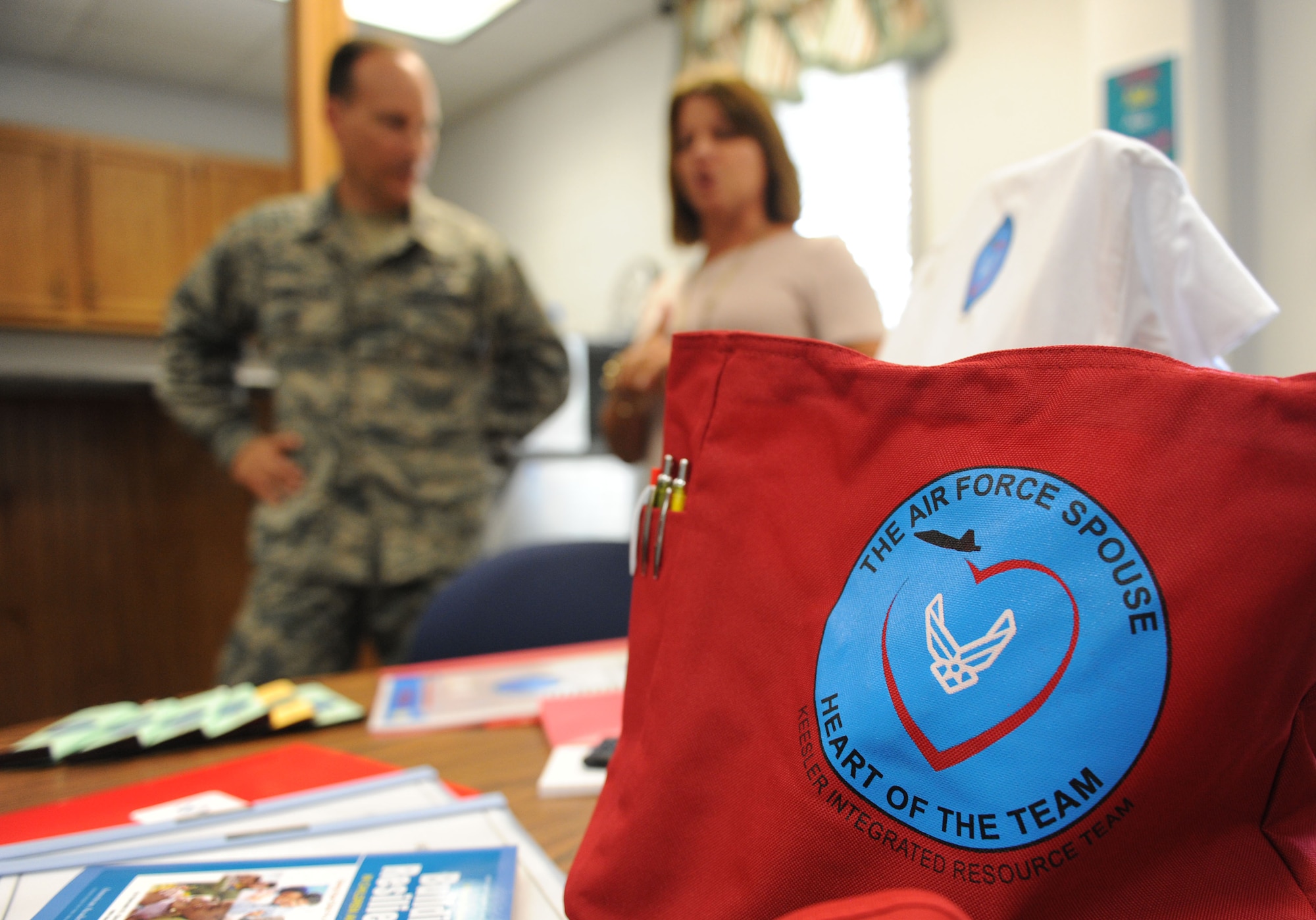 Col. Todd Weyerstrass, 2nd Air Force vice commander, receives a brief on Keesler’s key spouse program from Lisa Lyons, 81st Force Support Squadron community readiness specialist, at the Sablich Center during an 81st Training Wing orientation tour July 12, 2016, on Keesler Air Force Base, Miss. The purpose of the tour was to become familiar with the wing’s mission, operations and personnel. (U.S. Air Force photo by Kemberly Groue/Released)