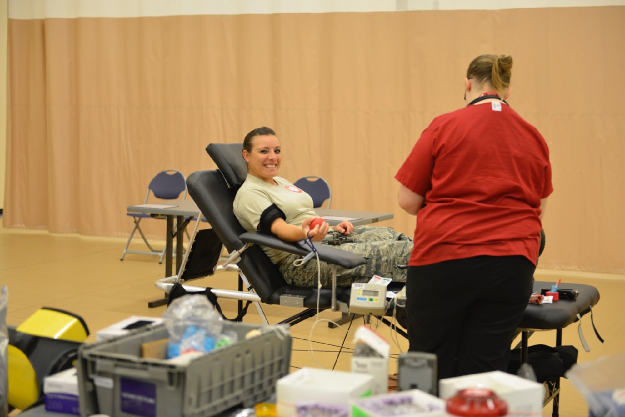 Master Sgt. Erica Hokkanen donates blood during the blood drive at Minneapolis-St. Paul Air Reserve Station July 14.